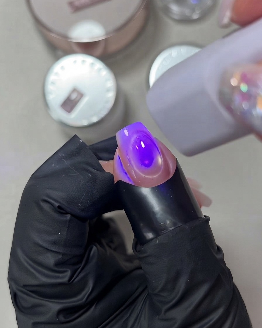 Una mini lampada UV LED portatile viola che polimerizza ununghia smaltata in gel sotto luce diretta.