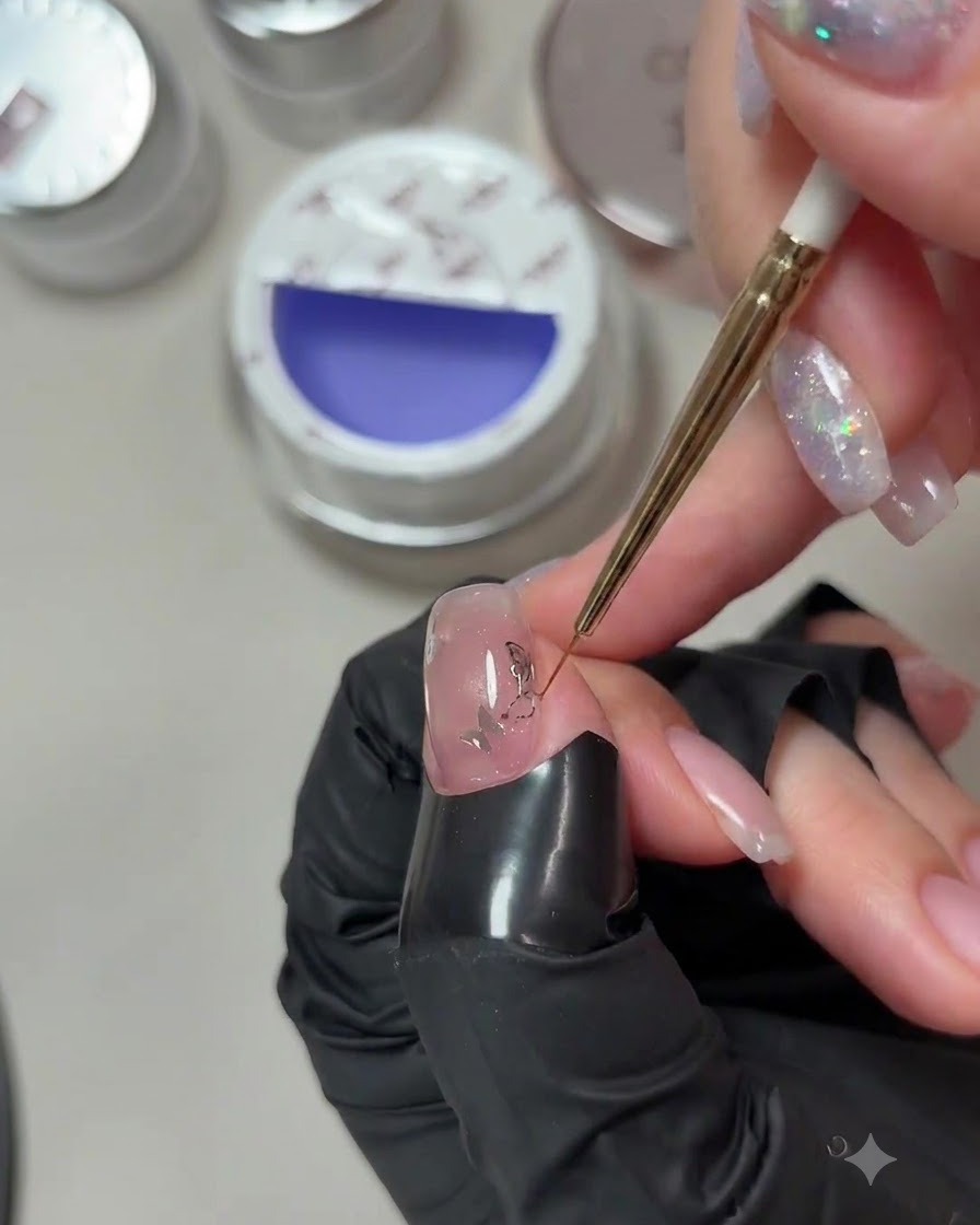 Uno scatto ravvicinato che utilizza un pennello liner sottile per levigare e livellare il gel costruttore attorno ai bordi di ununghia curata.