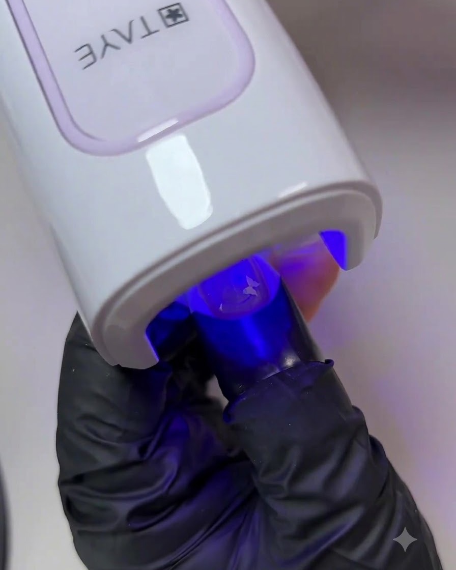 Una mano allinterno di una lampada per unghie UV/LED bianca che polimerizza lo strato di top coat lucido finale.
