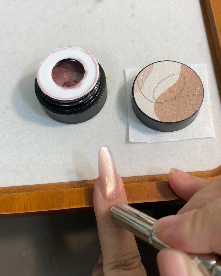 Un magnete cilindrico posizionato sopra ununghia a mandorla laccata con gel cat eye rosa-oro, creando una scia luminosa.