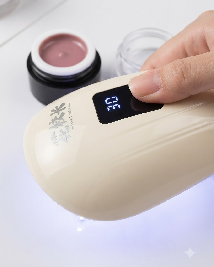 Un dito sotto una lampada UV/LED portatile per polimerizzare lo strato di gel cat eye.