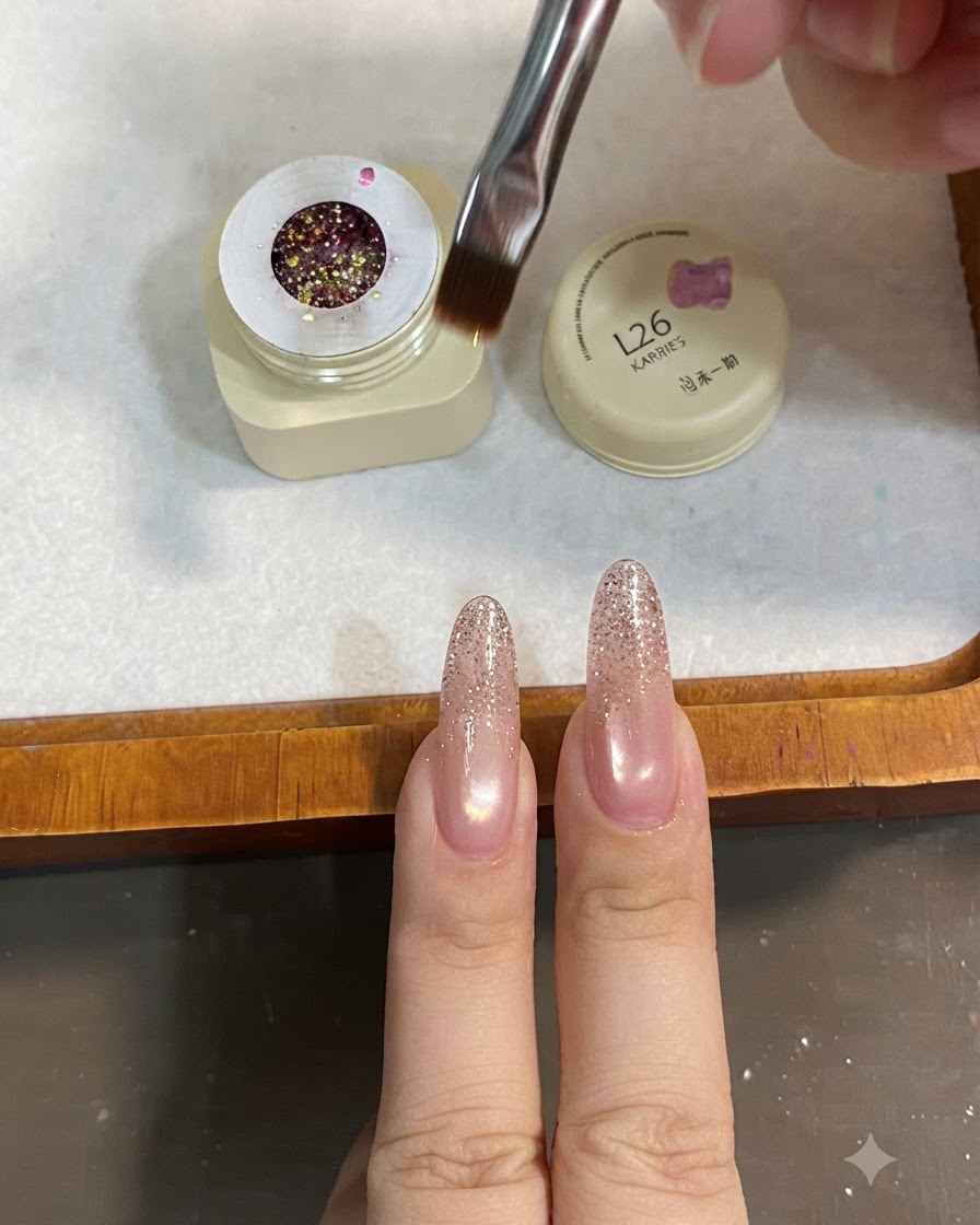 Un pennello per gel si immerge in un vasetto di gel con paillettes miste rosa e oro.