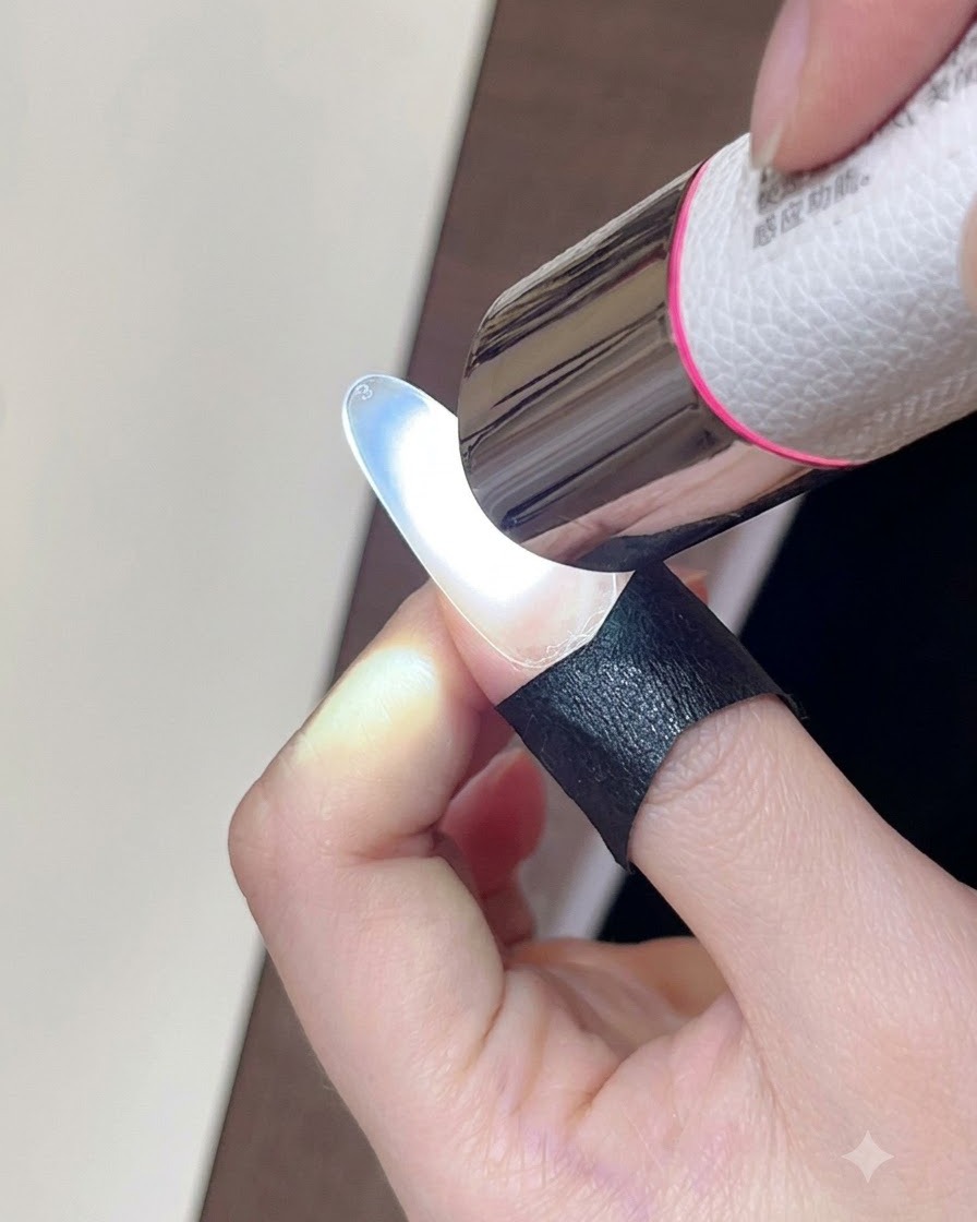 Una mini lampada UV/LED portatile che polimerizza uno strato di gel su ununghia.