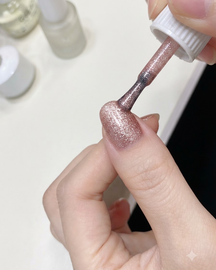 Un pennello che applica un gel glitter rosa scintillante sulla parte inferiore di ununghia vicino alla cuticola.