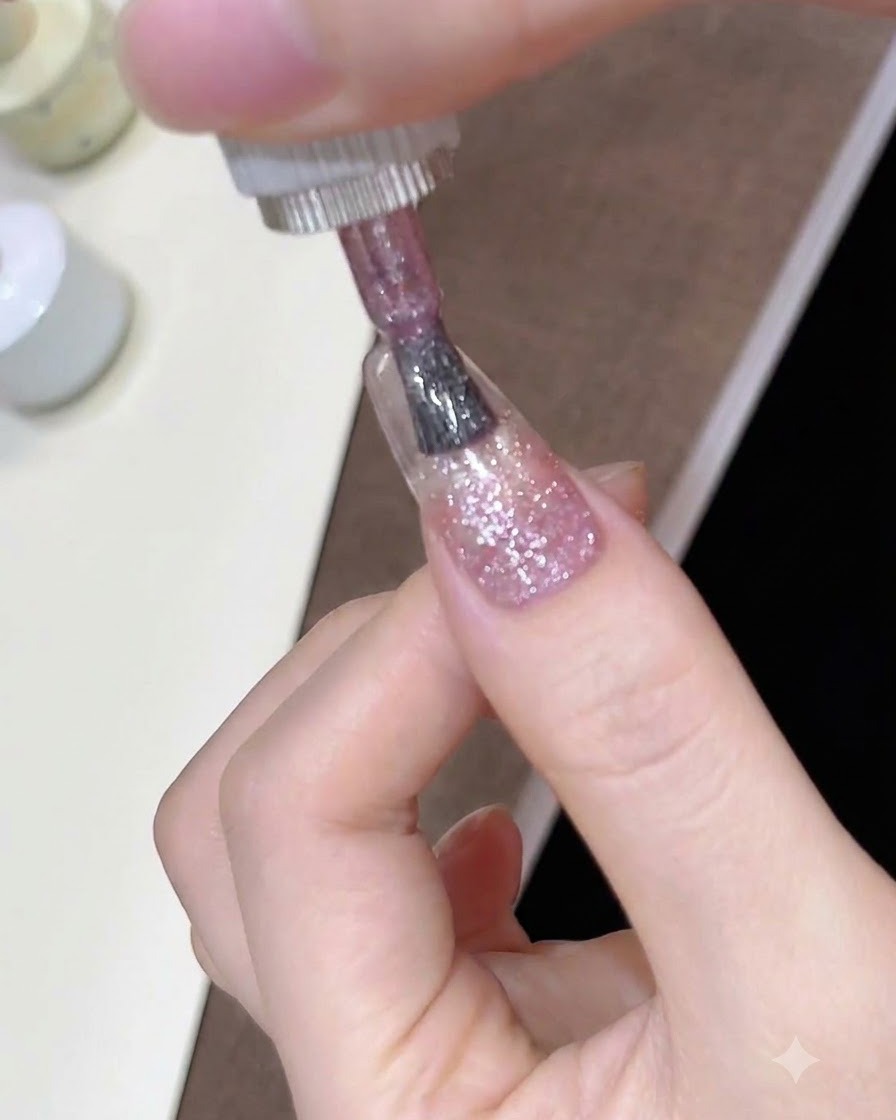 Un pennello per unghie che sfuma il gel glitter rosa verso il basso per formare un gradiente sullunghia.