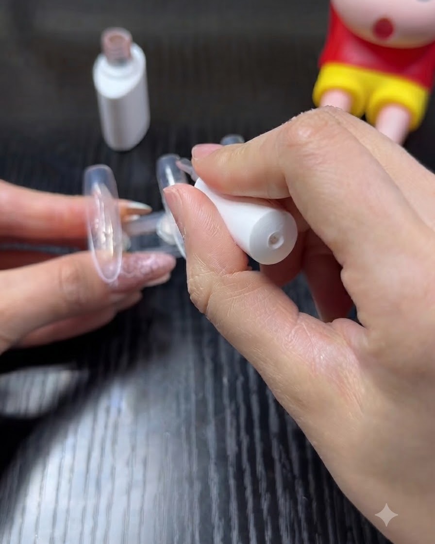 Una mano che utilizza un pennello da smalto per applicare un colore base nude latte su ununghia artificiale trasparente attaccata a un supporto.
