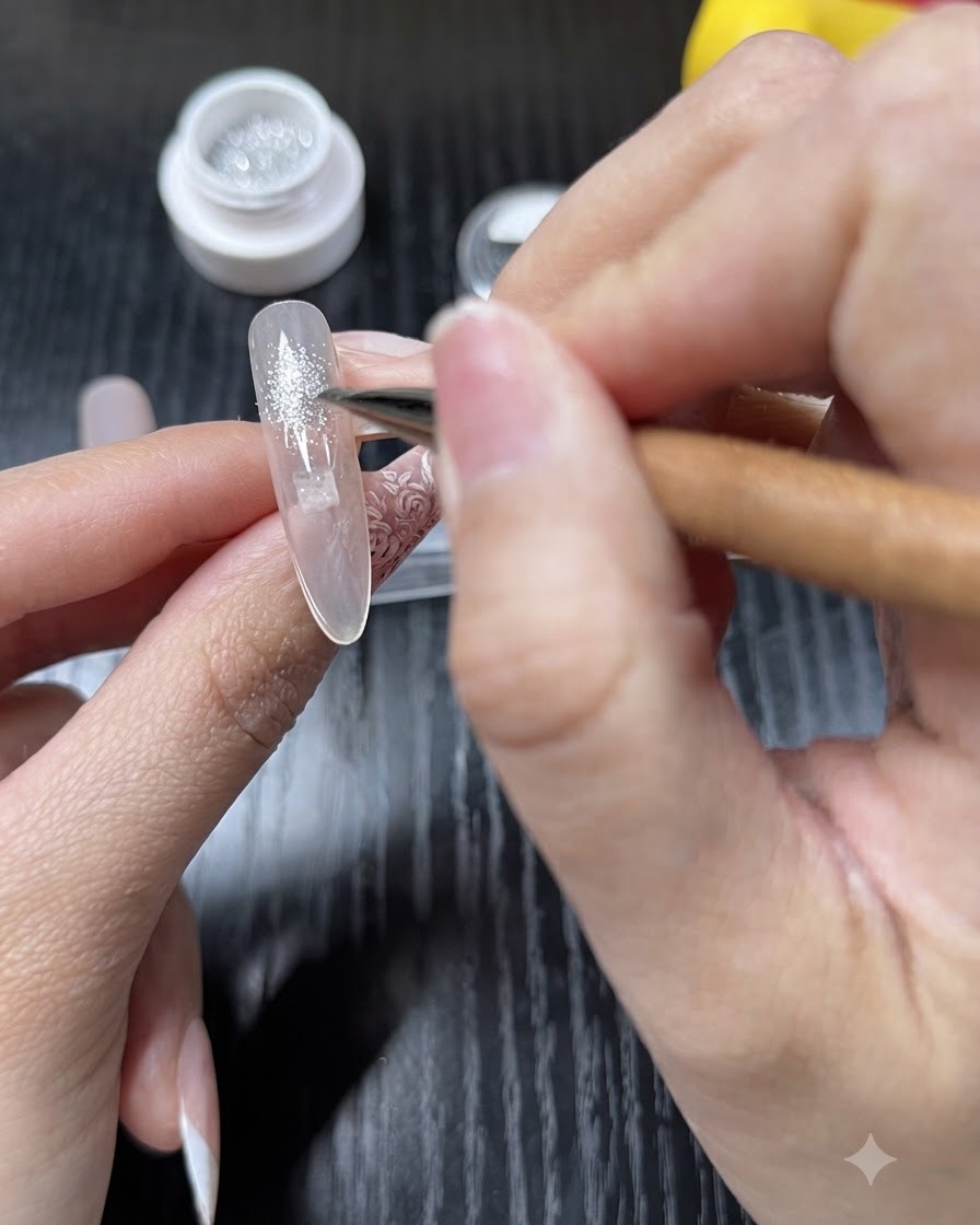 Un pennello che applica con cura glitter argento fini sullunghia del dito medio sopra una base nude.