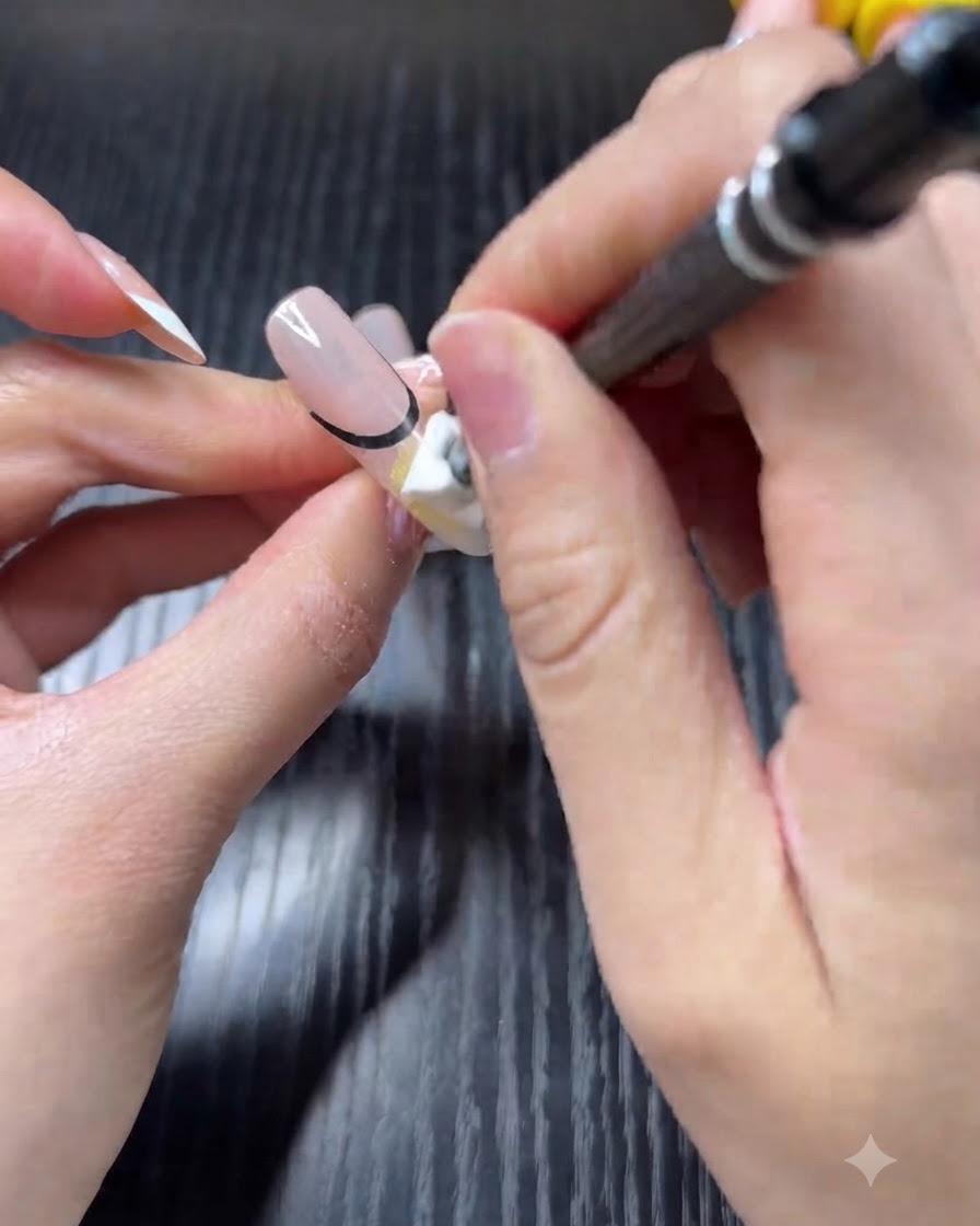 Una mano che utilizza un pennello da dettaglio per dipingere una French gialla limone su ununghia con base nude.