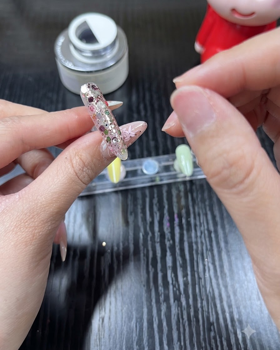 Un primo piano di una mano che applica un gel di rinforzo trasparente su ununghia piena di glitter.