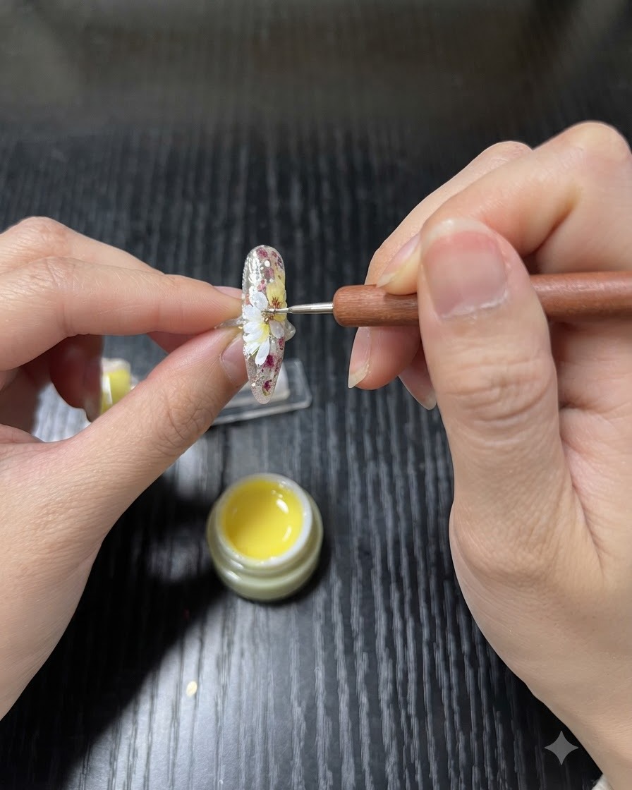 Uno strumento dotting tool che applica gel giallo limone al centro dei petali di margherita bianchi su ununghia.