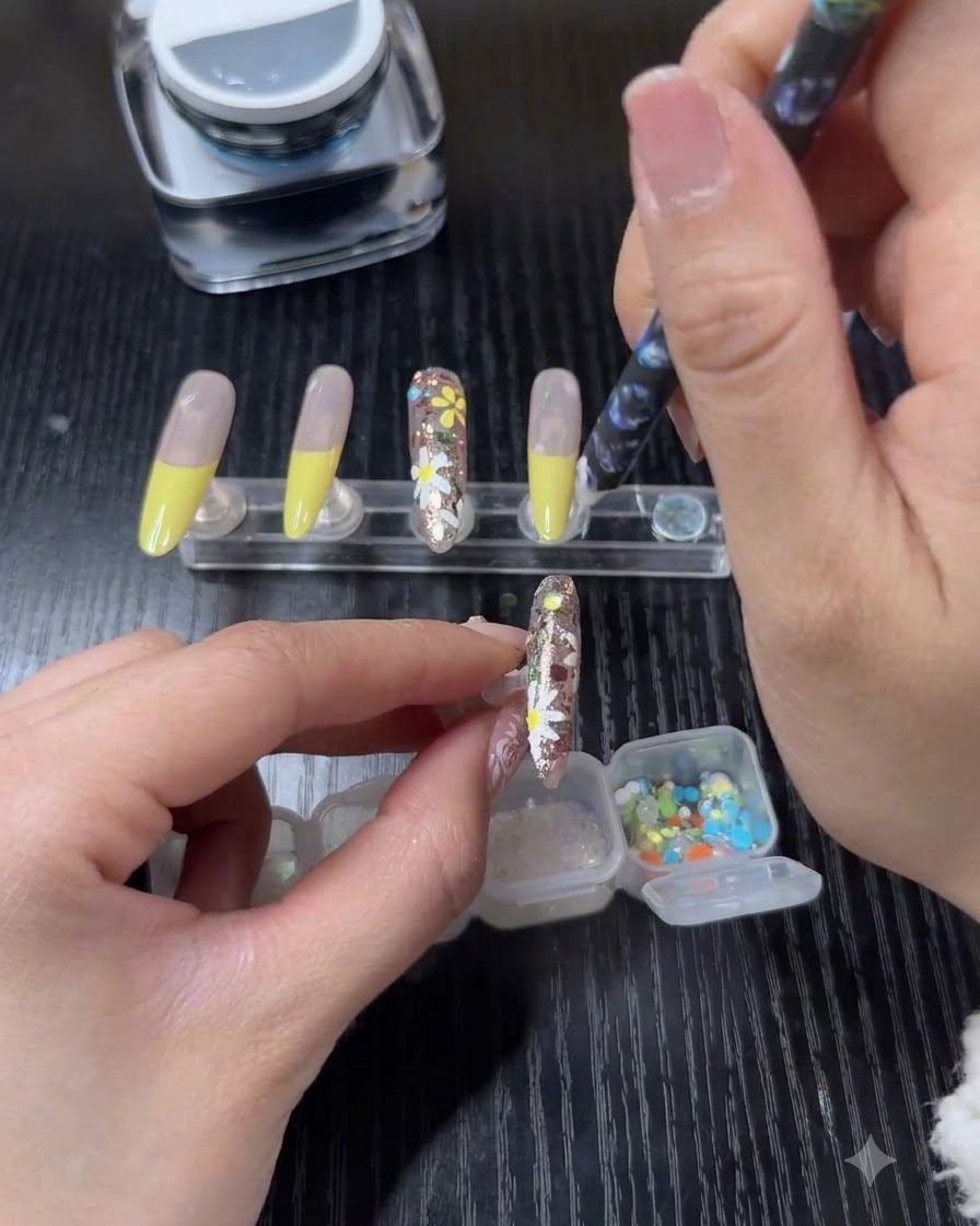 Uno strumento di precisione che posiziona piccole perline colorate e strass impilati sulla superficie dellunghia.
