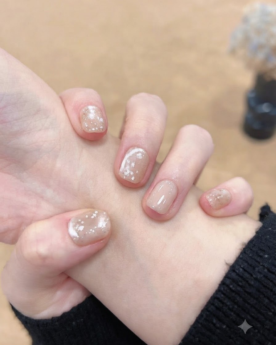 Una vista in primo piano di dita che mostrano una finitura top coat lucida sopra una base neutra shimmer.