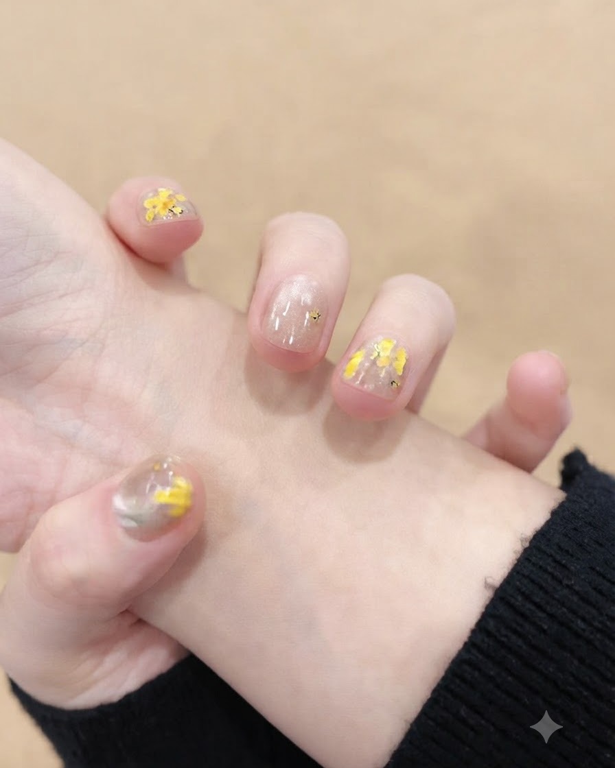 Uno scatto in primo piano che mostra design di fiori gialli con punte sottili dipinti con precisione su un singolo dito.
