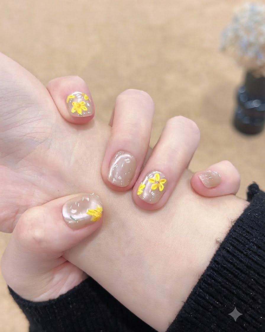 Una vista angolata del pollice e dellindice che mostrano la nail art coordinata con shimmer e fiori.