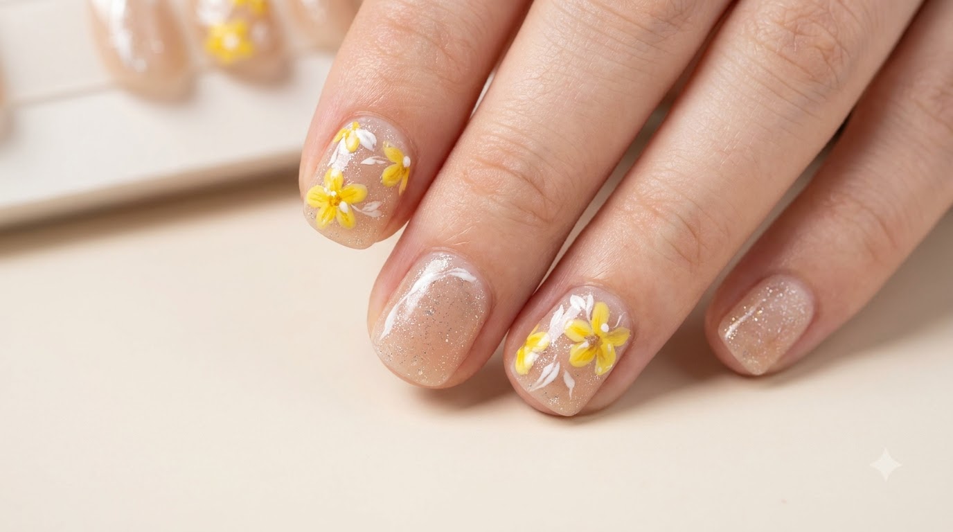 Nail art con fiori gialli corti: tutorial passo dopo passo