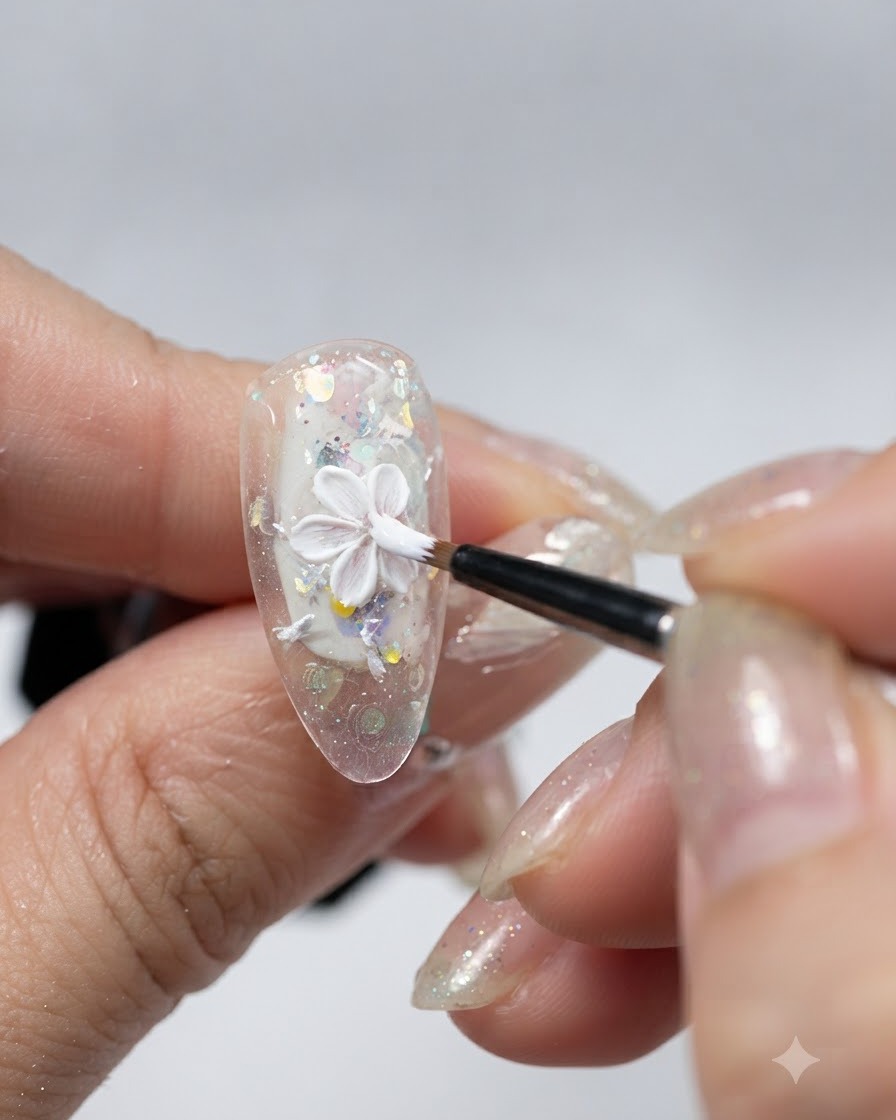 Un pennello sottile che dipinge un dettagliato petalo di fiore in gel plastico bianco 3D su una punta dunghia trasparente e glitterata.