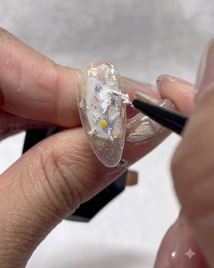Primo piano di un pennello liner di dettaglio che tira il gel texturizzato bianco verso lesterno per formare petali parziali su una punta dunghia.