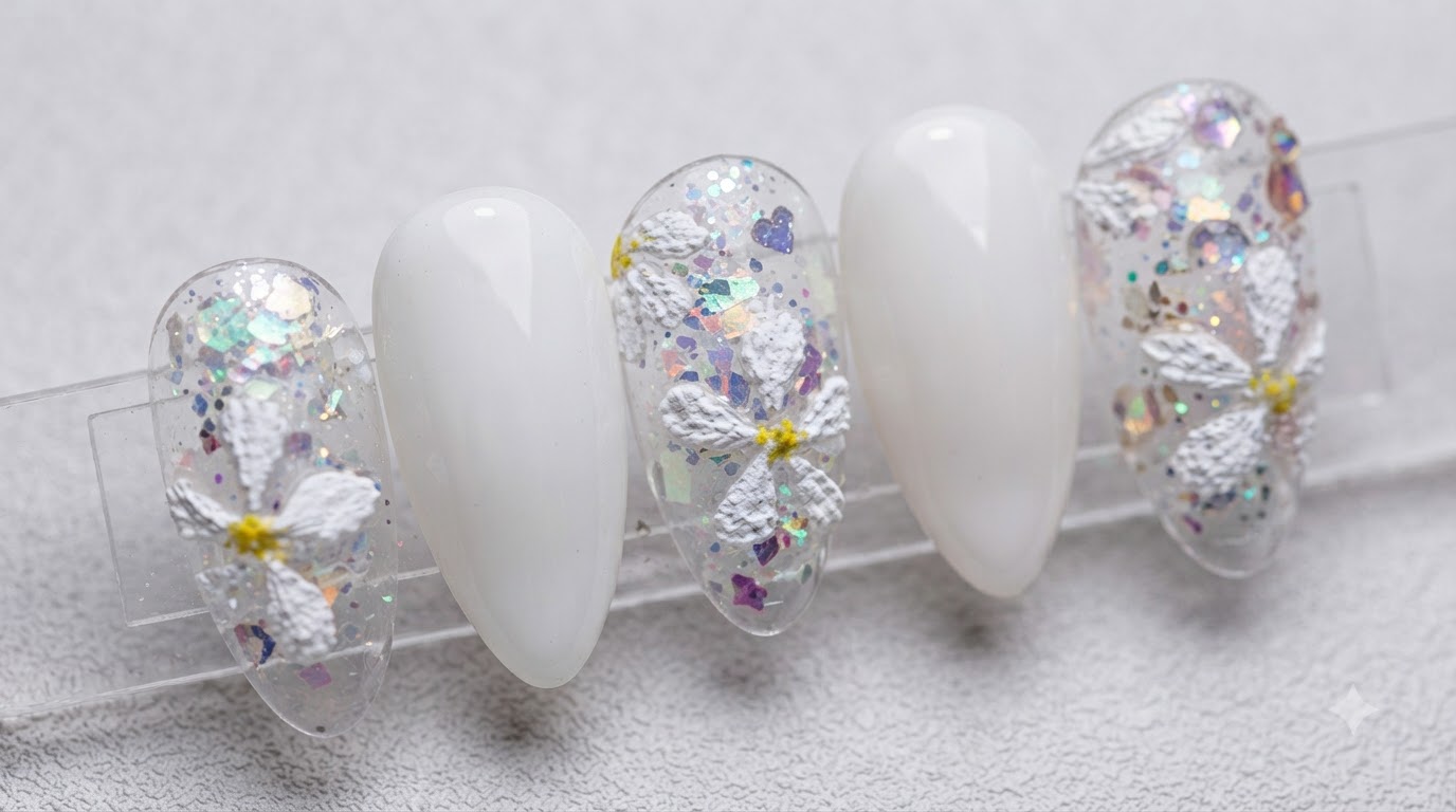 Manicure Texturizzata con margherite estive ed effetti glitter — Tutorial passo dopo passo