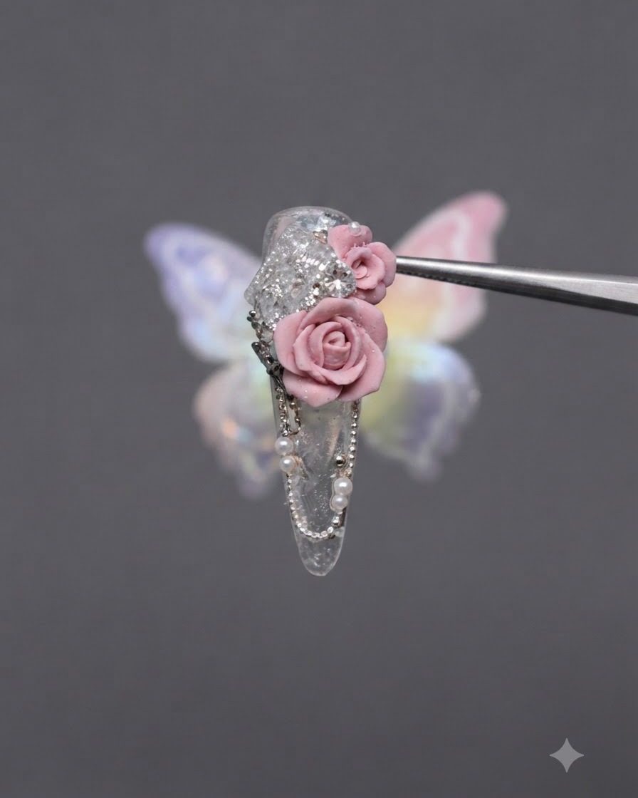 Primo piano di ununghia di prova trasparente in cui viene applicata una goccia di colla per strass accanto a una base di strass scintillanti usando un applicatore di precisione.