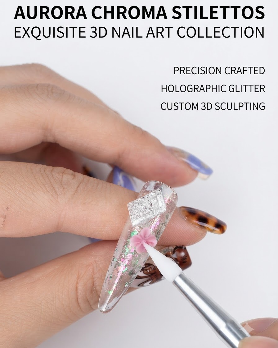 Una mini lampada UV per unghie che polimerizza un petalo rosa appena posizionato su ununghia di prova trasparente a stiletto.