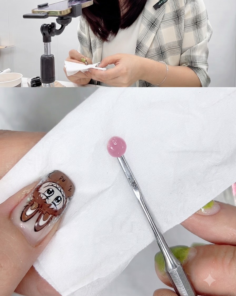 Un fazzoletto di carta utilizzato per assorbire il liquido in eccesso da una pallina di gel rosa appoggiata su uno strumento.