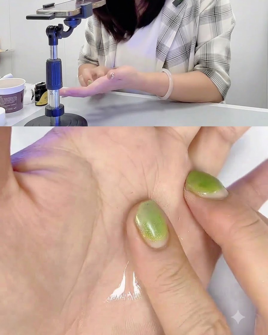 Una mano inumidita con acqua detergente che preme una nuova pallina di gel rosa sulla mano di lavoro.