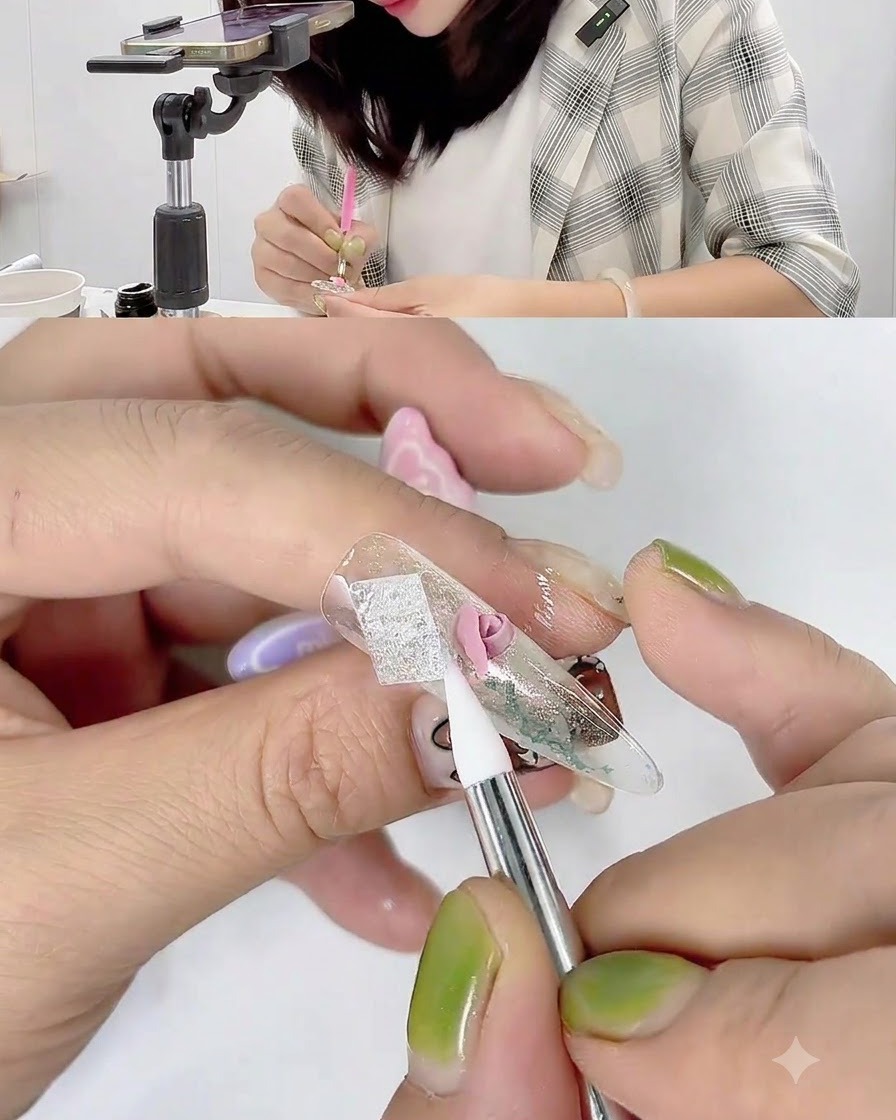 Una penna da intaglio in silicone che modella e tira indietro i bordi di un petalo di gel rosa su ununghia.
