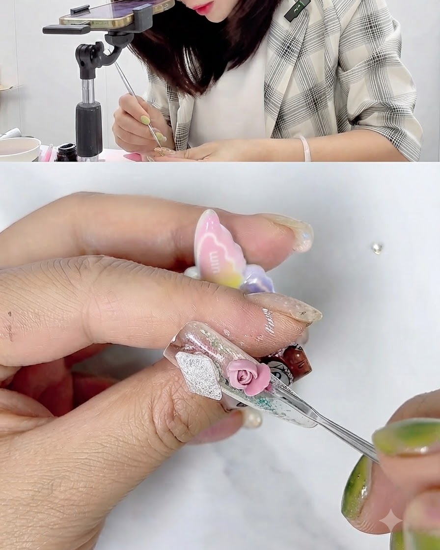 Uno strumento di dettaglio fine che regola e allarga un petalo di gel da scultura rosa su una superficie dellunghia.