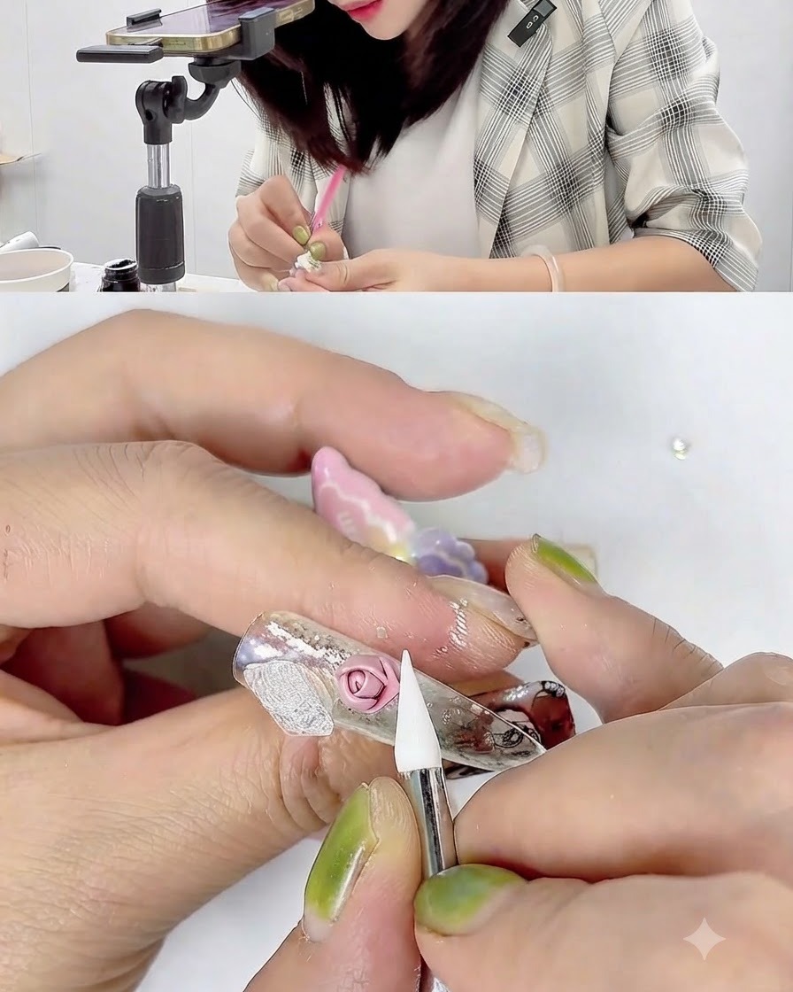 Una vista ravvicinata di uno strumento in silicone che avvolge e leviga un petalo di rosa in gel 3D rosa.