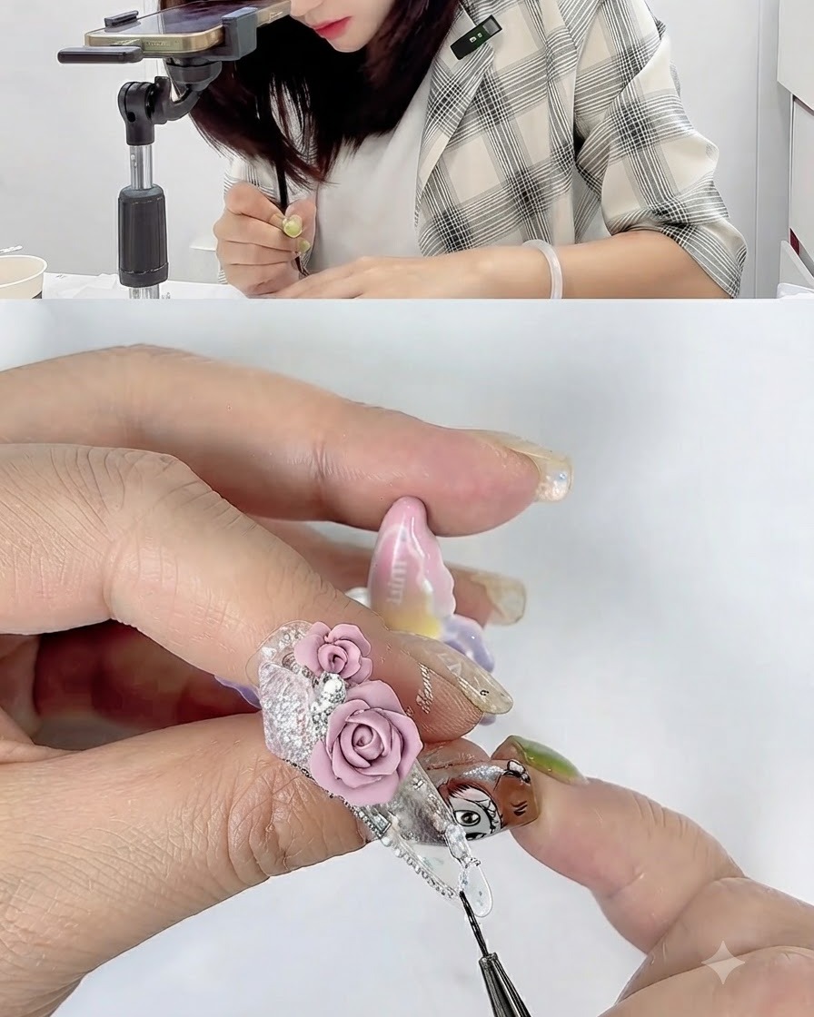 Ununghia finita che mostra due rose rosa 3D scolpite disposte fianco a fianco con accenti di strass.