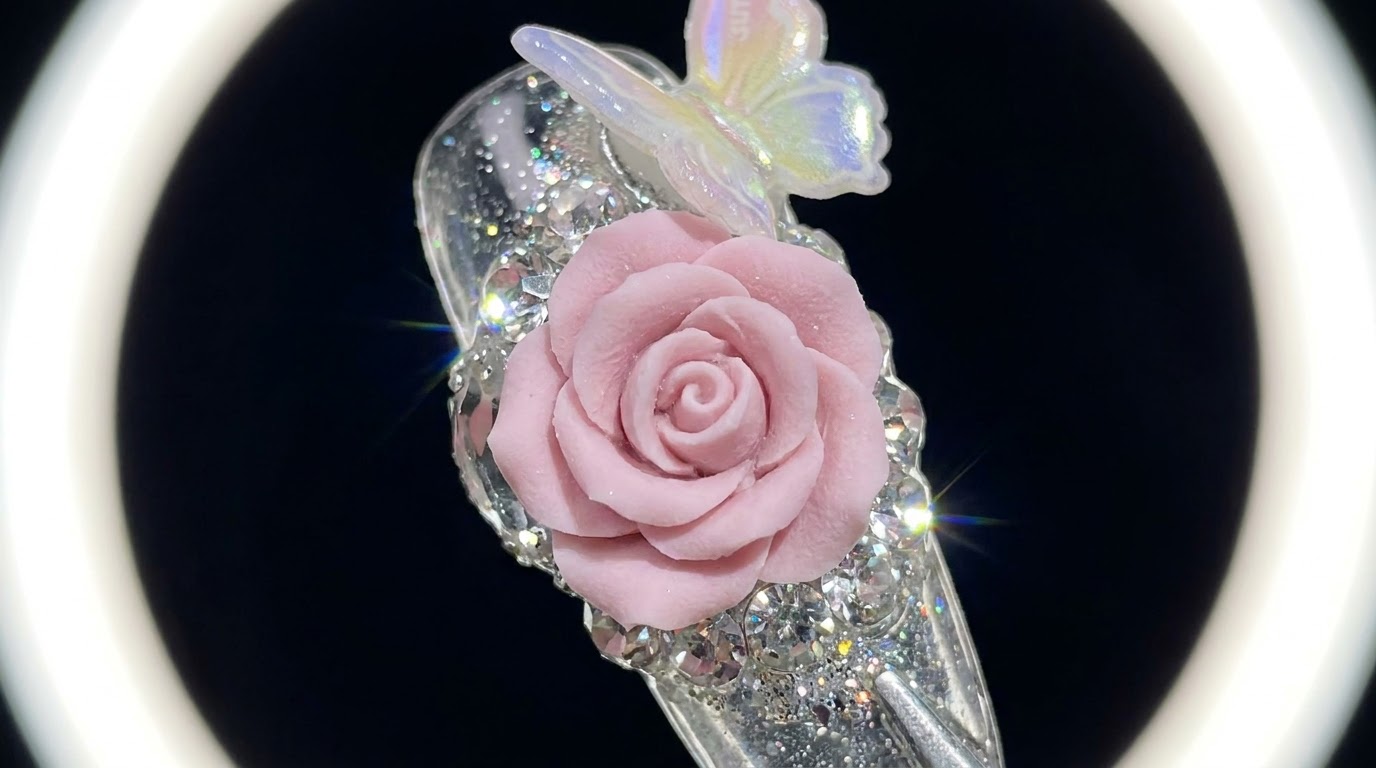 Unghie con Rose 3D Scolpite e Dettagli in Diamante — Tutorial Passo dopo Passo