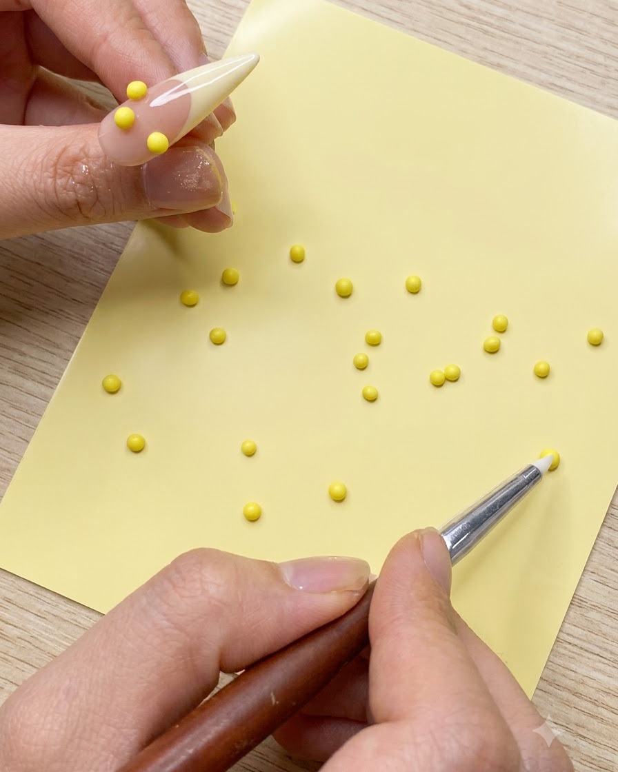 Cinque piccole palline di gel giallo disposte in cerchio su una tip per unghie da pratica.