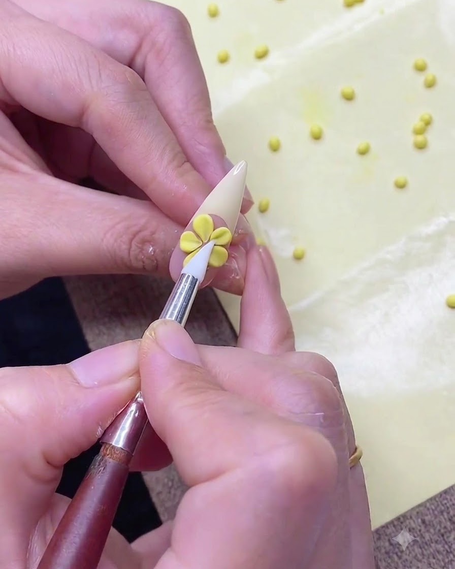 Una vista in primo piano di uno strumento in silicone che rifinisce il centro di un fiore giallo in 3D completato su ununghia.