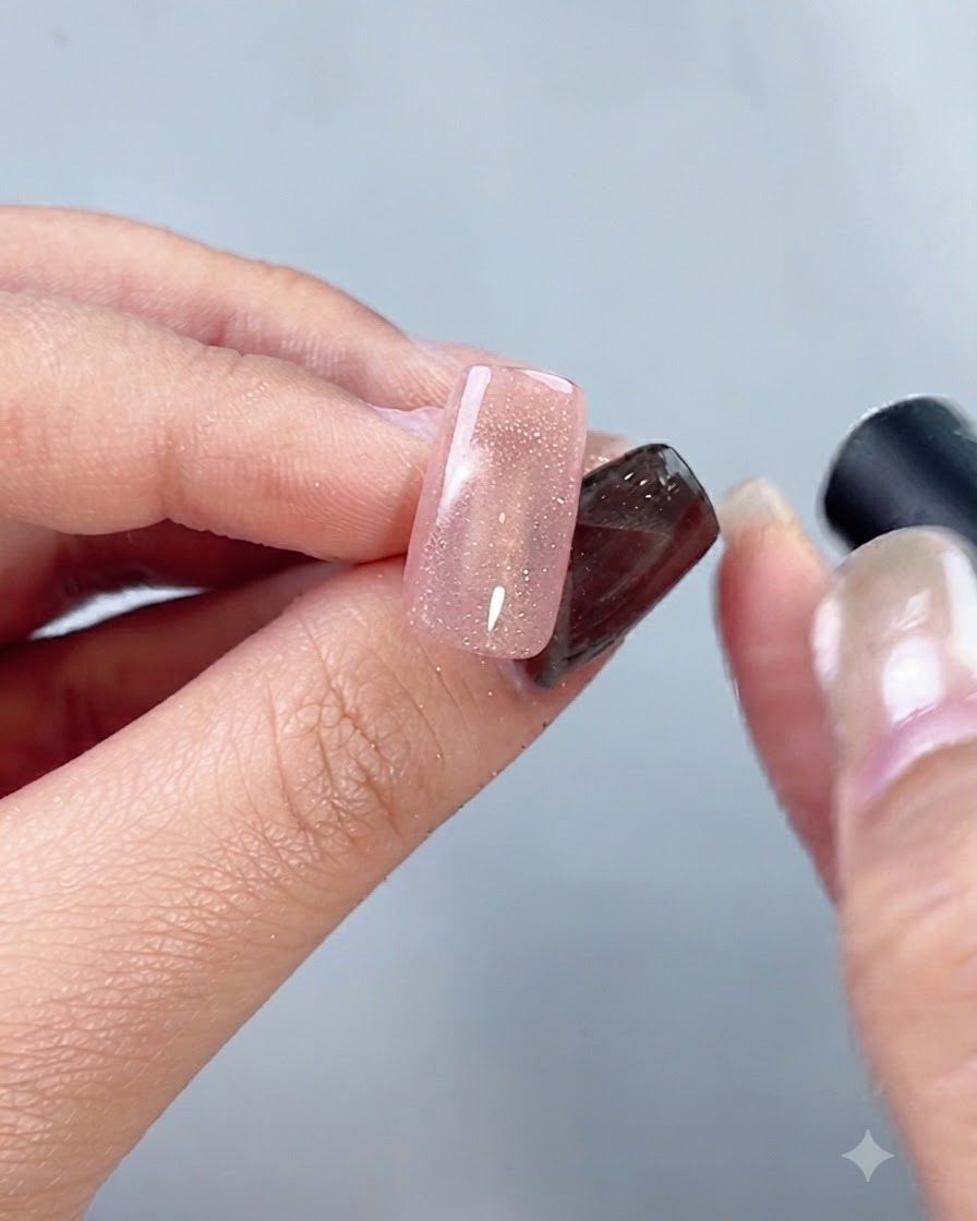 Primo piano di ununghia che mostra leffetto riflettente cat-eye sotto una luce intensa.