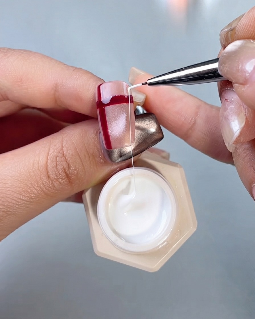 Un pennello da nail art di precisione che traccia linee con gel bianco seta incrociate su ununghia con linee rosse.