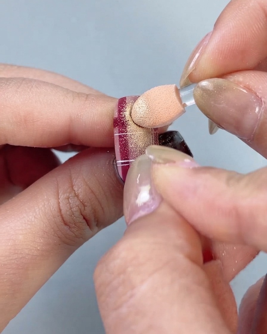 Un applicatore a spugna per ombretto che tampona delicatamente polvere metallizzata oro chiaro su ununghia scozzese rossa e bianca.