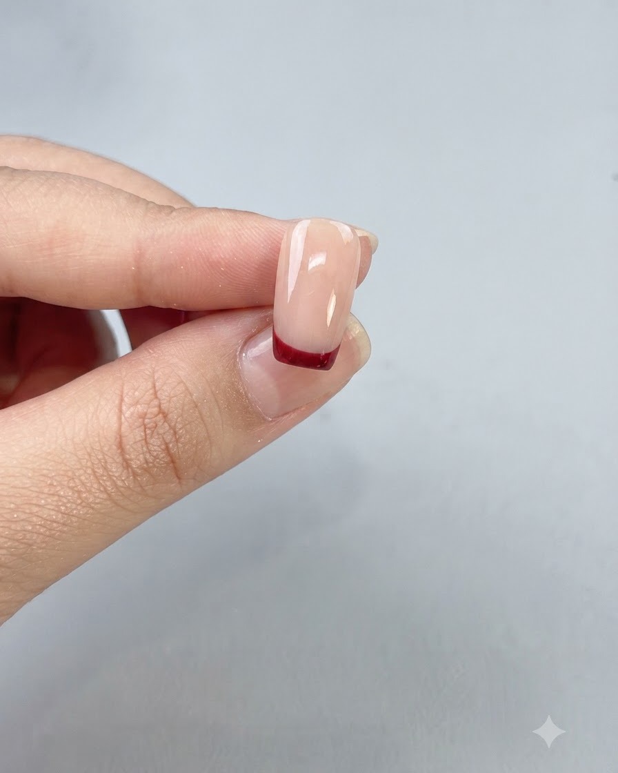 Ununghia finita con una french manicure rossa pulita e sigillata sotto un top coat lucido.