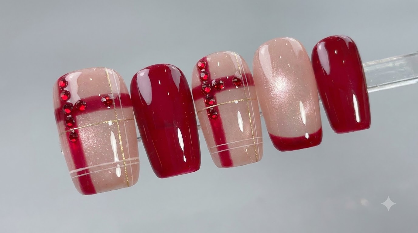 Unghie Gel Cat-Eye con Reticolo Rosso Cristallo — Tutorial Passo Dopo Passo
