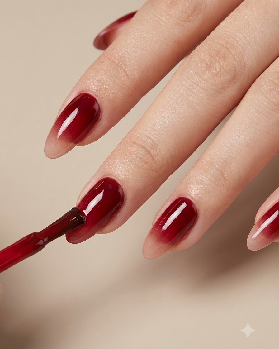 Un pennello liner sottile che definisce con precisione il bordo curvo del gel rosso su ununghia curata.