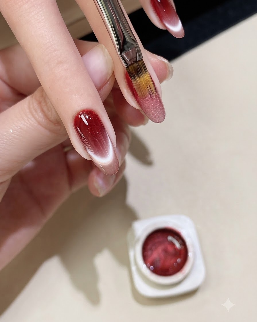 Un pennello piatto da gel che applica il gel cat-eye magnetico scintillante direttamente sopra lunghia con sfumatura rossa.