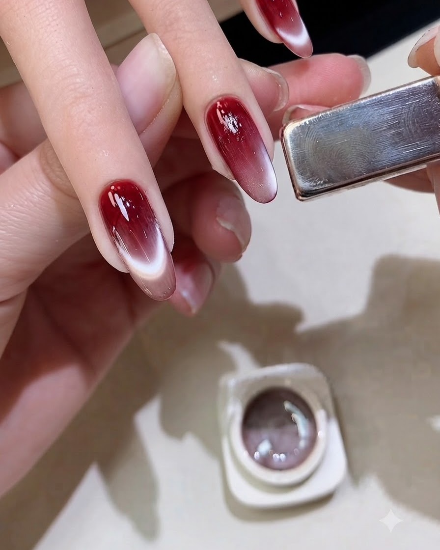 La punta di un pennello piatto che livella e uniforma il gel cat-eye sopra ununghia con sfumatura rossa.