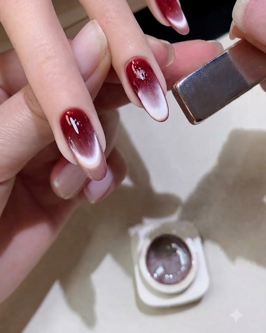 Un magnete metallico rettangolare tenuto in diagonale vicino allunghia di una cliente per modellare la brillantezza magnetica.