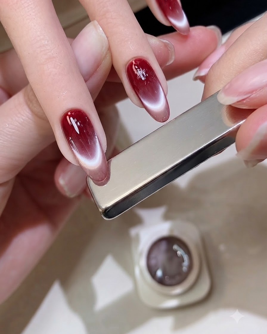 Primo piano di mani che tengono un magnete rettangolare argentato in posizione orizzontale sopra ununghia con sfumatura rossa per modellare una punta French cat eye.