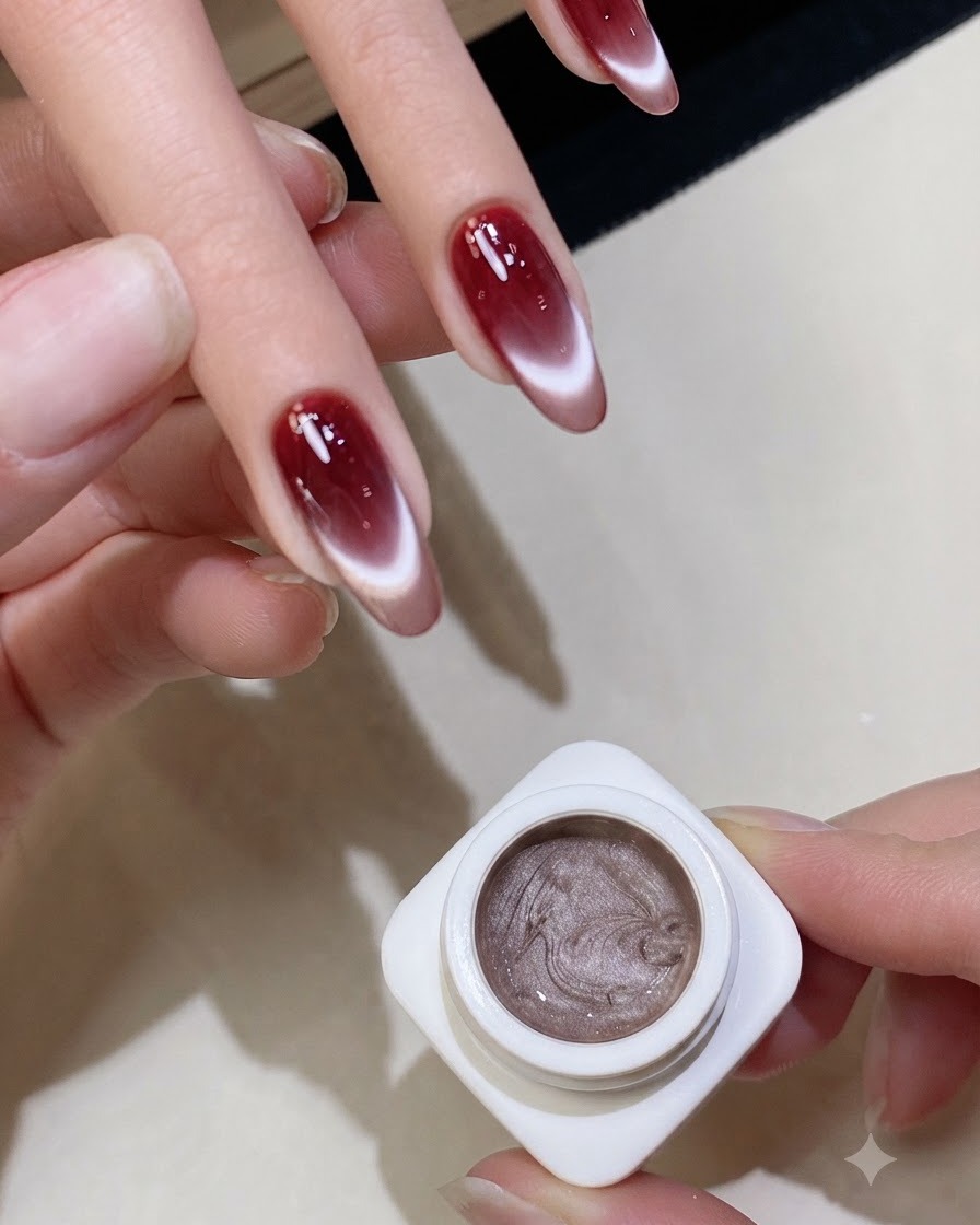 Un pennello che applica uno strato finale di top coat trasparente sulle unghie ultimate con sfumatura rossa e cat-eye.