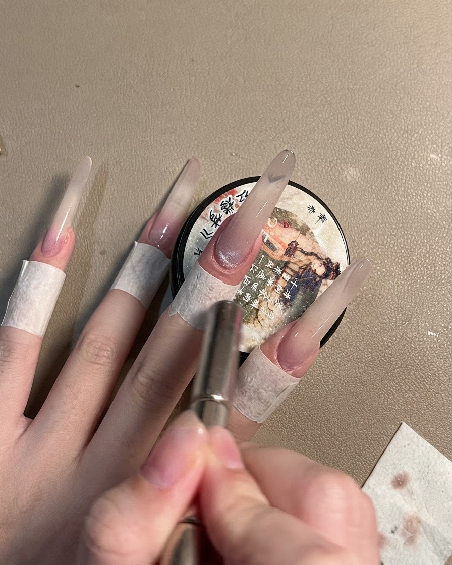 Una mano che utilizza unoスティletto magnetico sopra un gel cat-eye grigio shimmer applicato su ununghia lunga.