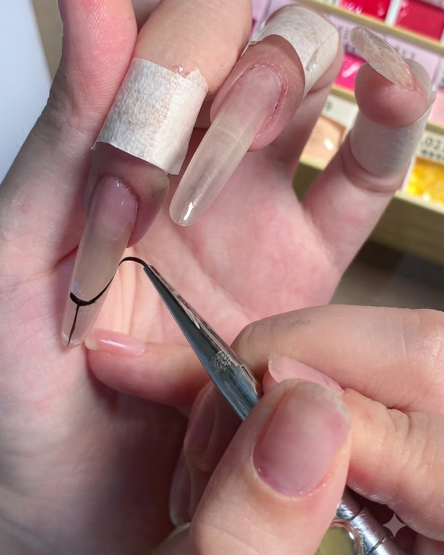 Un pennello sottile liner che disegna una linea curva nera per il sorriso della French su ununghia stiletto.