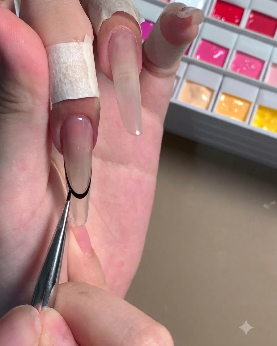 Un pennello fine che rifinisce il contorno della French nera su ununghia stiletto lunga.