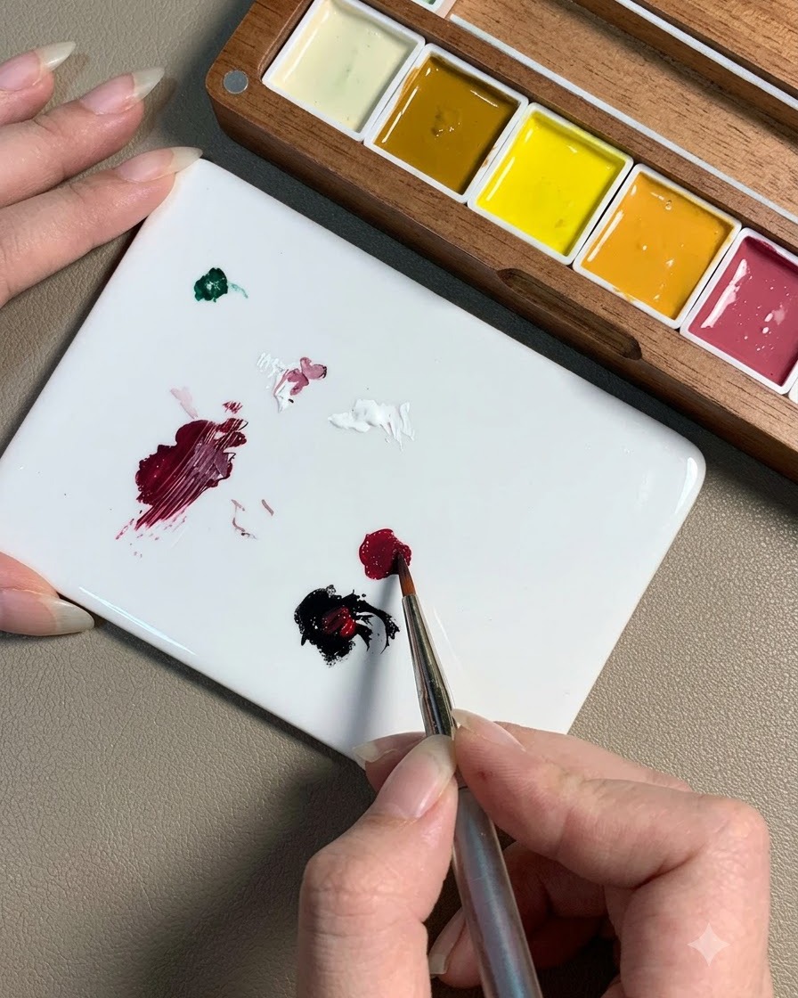 Un pennello che sfiora una goccia di gel nero vicino a un mucchietto di gel rosso su una tavolozza bianca per mescolarli.