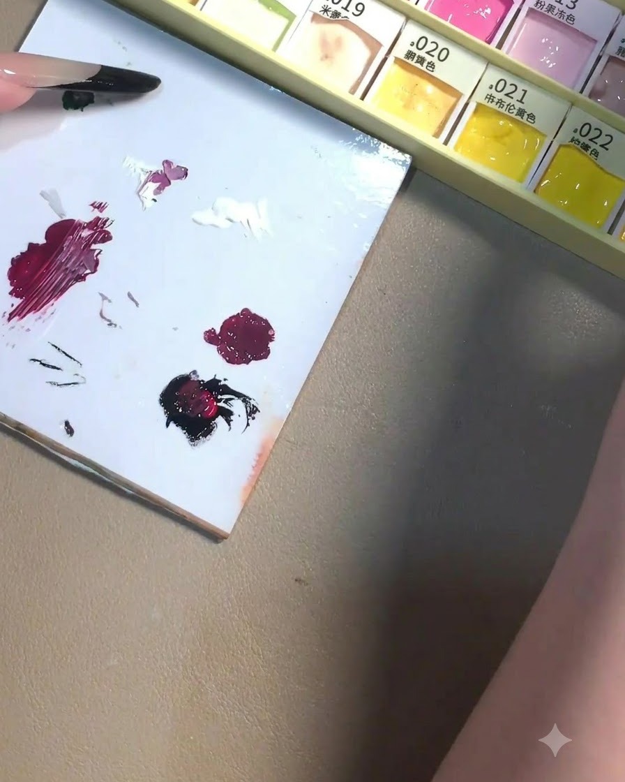 Una pennellata di gel color prugna profondo completamente miscelata su una tavolozza bianca accanto ad altri punti di gel.