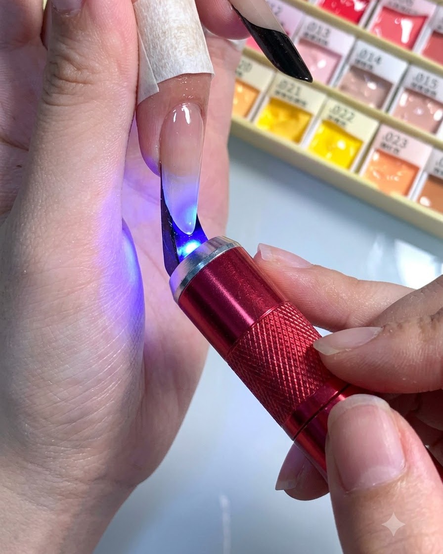 Una torcia UV portatile rosa che polimerizza la nail art in gel su ununghia stiletto.